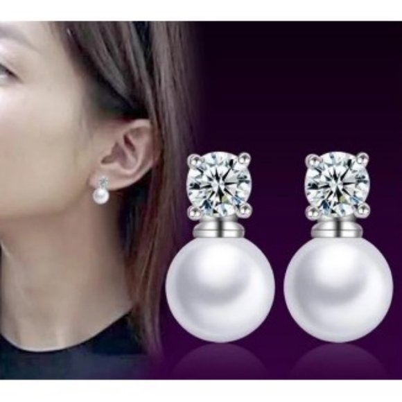 Sterling Silver White Pearl CZ Stud earrings - Picture 3 of 3